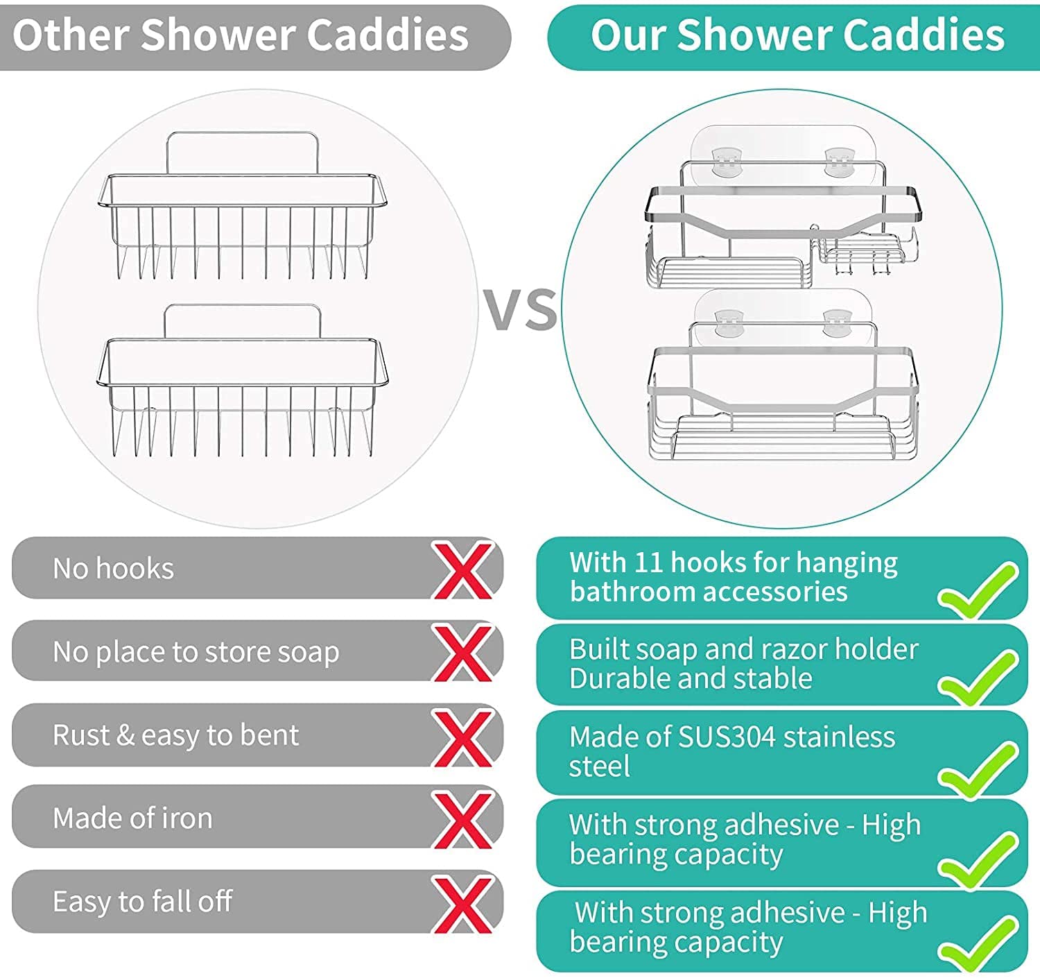 Shower Caddy Shower Storage Rack with 11 Hooks for Hanging Shower