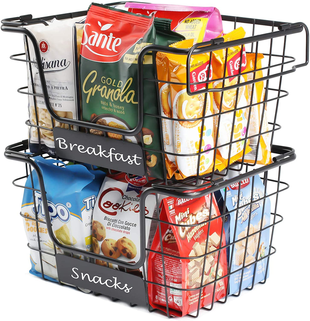 2PK-Stackable Wire Baskets XXL Produce Fruit Basket Vegetable Bins with Handles Freezer Metal Baskets for Kitchen Cabinets, Pantry, Closets, Bathrooms-Black