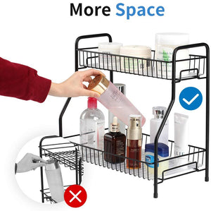 Bathroom Counter Organizer 2 Tier Countertop Storage Shelf Freestanding with Shelf Liner Kitchen Spice Rack Organizer with 4 Hooks -Black