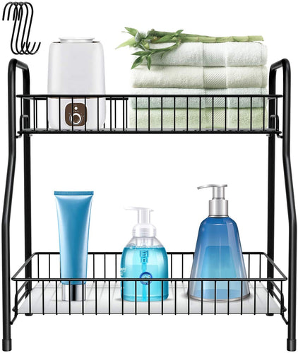 Bathroom Counter Organizer 2 Tier Countertop Storage Shelf Freestanding with Shelf Liner Kitchen Spice Rack Organizer with 4 Hooks -Black