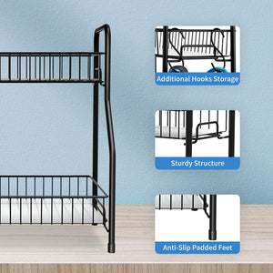 Bathroom Counter Organizer 2 Tier Countertop Storage Shelf Freestanding with Shelf Liner Kitchen Spice Rack Organizer with 4 Hooks -Black