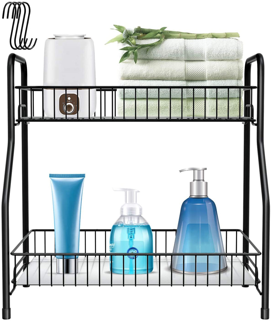 Bathroom Counter Organizer 2 Tier Countertop Storage Shelf Freestanding with Shelf Liner Kitchen Spice Rack Organizer with 4 Hooks -Black