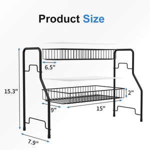 Bathroom Counter Organizer 2 Tier Countertop Storage Shelf Freestanding with Shelf Liner Kitchen Spice Rack Organizer with 4 Hooks -Black