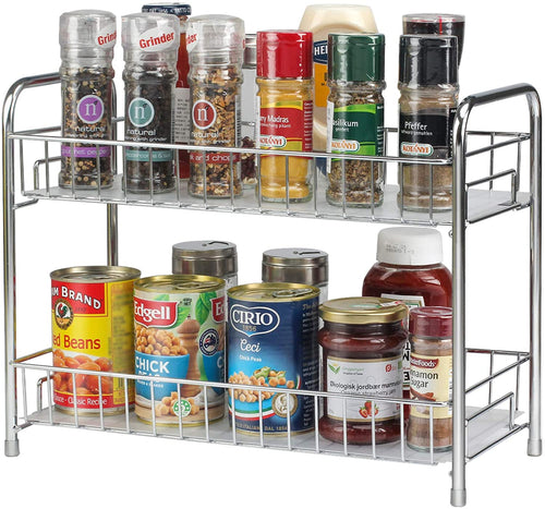 Spice Rack Organizer for Countertop 2 Tier Counter Shelf Standing Holder Storage for Kitchen Cabinet-Chrome