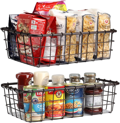 2PK-Wire Storage Basket for Kitchen Pantry Bathroom Large Metal Farmhouse Food Fruit Produce Organizer Bins for Cabinet Freezer Shelves-Bronze