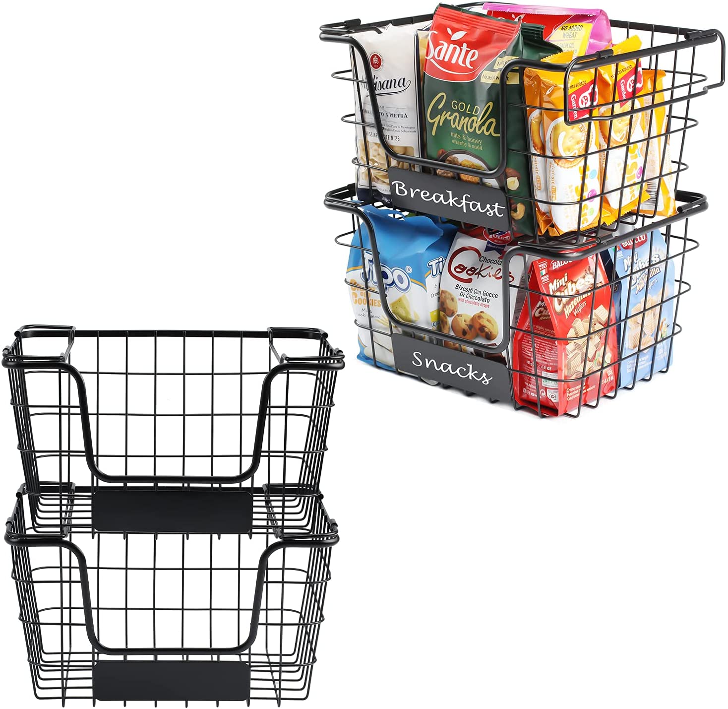 4 Pack [ XL Large ] STACKABLE Wire Baskets for Organizing - Pantry Storage  and Organization Metal Bins for Produce, Food, Fruit - Kitchen Bathroom