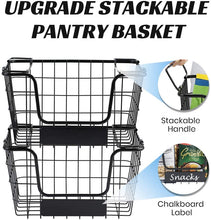 Load image into Gallery viewer, 4PK-Stackable Wire Baskets XXL Fruit Vegetable Produce Baskets with Handles for Kitchen Countertop Metal Food Storage Bins for Pantry, Freezer, Bathroom-Black