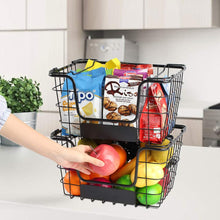 Load image into Gallery viewer, 4PK-Stackable Wire Baskets XXL Fruit Vegetable Produce Baskets with Handles for Kitchen Countertop Metal Food Storage Bins for Pantry, Freezer, Bathroom-Black