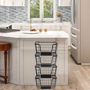 4PK-Stackable Wire Baskets XXL Fruit Vegetable Produce Baskets with Handles for Kitchen Countertop Metal Food Storage Bins for Pantry, Freezer, Bathroom-Black