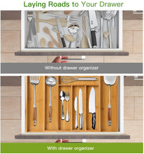 Load image into Gallery viewer, amboo Expandable Drawer Organizer for Utensils Holder, Adjustable Cutlery Tray, Wood Drawer Dividers Organizer for Silverware, Flatware, Knives in Kitchen, Bedroom