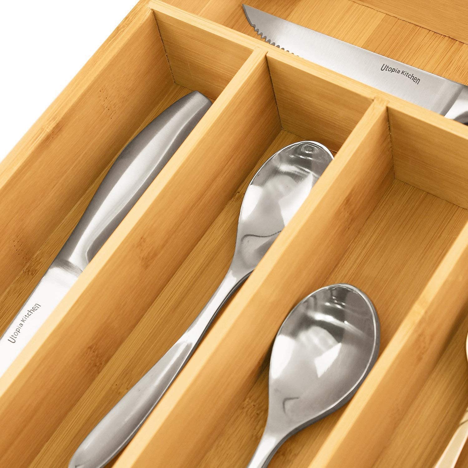 Kitchen Bamboo Silverware Organizer- 5 Compartments - Bamboo