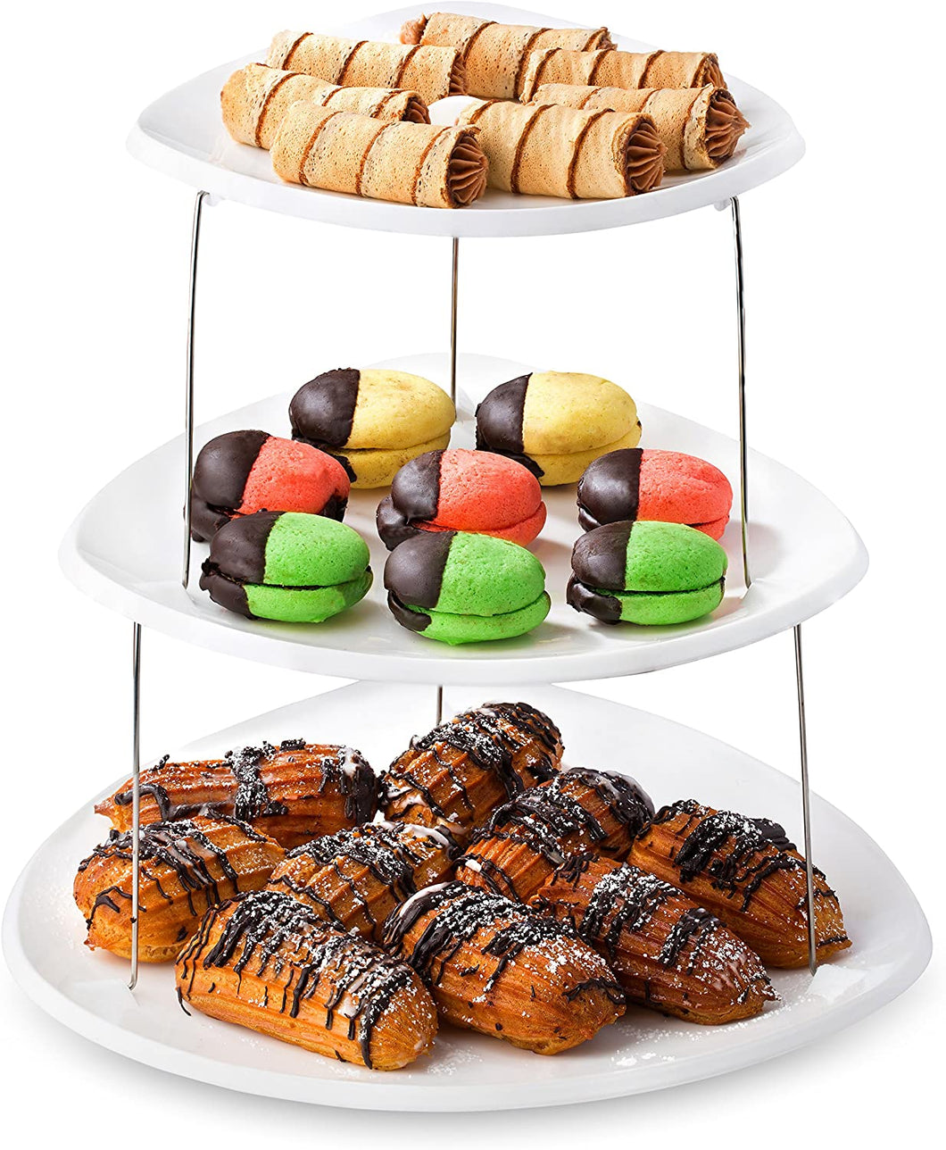 Collapsible Party Tray, 3 Tier - The Decorative Plastic Appetizer Trays Twist Down and Fold Inside for Minimal Storage Space. An Elegant Tray for Serving Sandwiches, Cake, Sliced Cheese and Deli Meat
