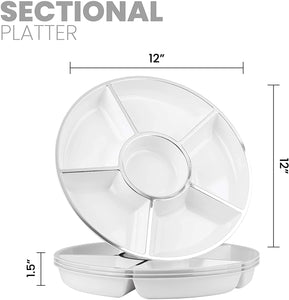 6 Sectional Round Plastic Serving Tray, Size: 12 inch, Color: White/Silver, Pack of 4