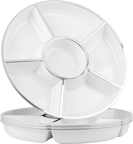 6 Sectional Round Plastic Serving Tray, Size: 12 inch, Color: White/Silver, Pack of 4