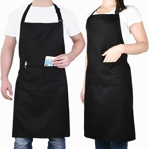 Adjustable Bib Aprons, Water Oil Stain Resistant Black Kitchen Chef Cooking Aprons with Pockets for Men Women (2 Pack)