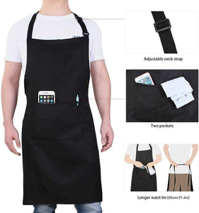 Adjustable Bib Aprons, Water Oil Stain Resistant Black Kitchen Chef Cooking Aprons with Pockets for Men Women (2 Pack)