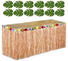 Load image into Gallery viewer, 12 pc Tropical Green Leaves included 1 Hawaiian Luau Hibiscus Brown Table Skirt (9 ft)