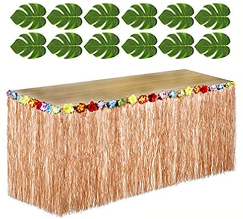 12 pc Tropical Green Leaves included 1 Hawaiian Luau Hibiscus Brown Table Skirt (9 ft)