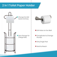 Load image into Gallery viewer, TreeLen Toilet Paper Holder Stand Bathroom Tissue Roll Dispenser Holder Free Standing with Storage Rack Reserves 4 Mega Rolls-Bronze