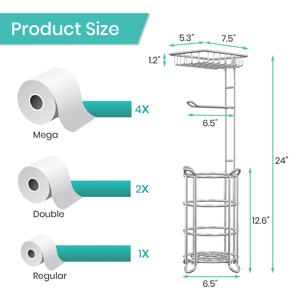 TreeLen Toilet Paper Holder Stand Toilet Tissue Roll Holder with Shelf for Bathroom Storage Holds Phone/ Wipe/ Mega Rolls-Shiny