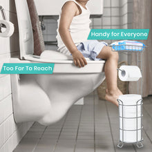Load image into Gallery viewer, TreeLen Toilet Paper Holder Stand Bathroom Tissue Dispenser Holders Rack Free Standing with Extra Shelf Storage Mega Rolls/Phone/Wipe - Silver