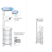 Load image into Gallery viewer, TreeLen Toilet Paper Holder Stand Bathroom Tissue Dispenser Holders Rack Free Standing with Extra Shelf Storage Mega Rolls/Phone/Wipe - Silver