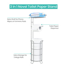 Load image into Gallery viewer, TreeLen Toilet Paper Holder Stand Bathroom Tissue Dispenser Holders Rack Free Standing with Extra Shelf Storage Mega Rolls/Phone/Wipe - Silver