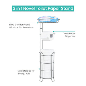 TreeLen Toilet Paper Holder Stand Bathroom Tissue Dispenser Holders Rack Free Standing with Extra Shelf Storage Mega Rolls/Phone/Wipe - Silver